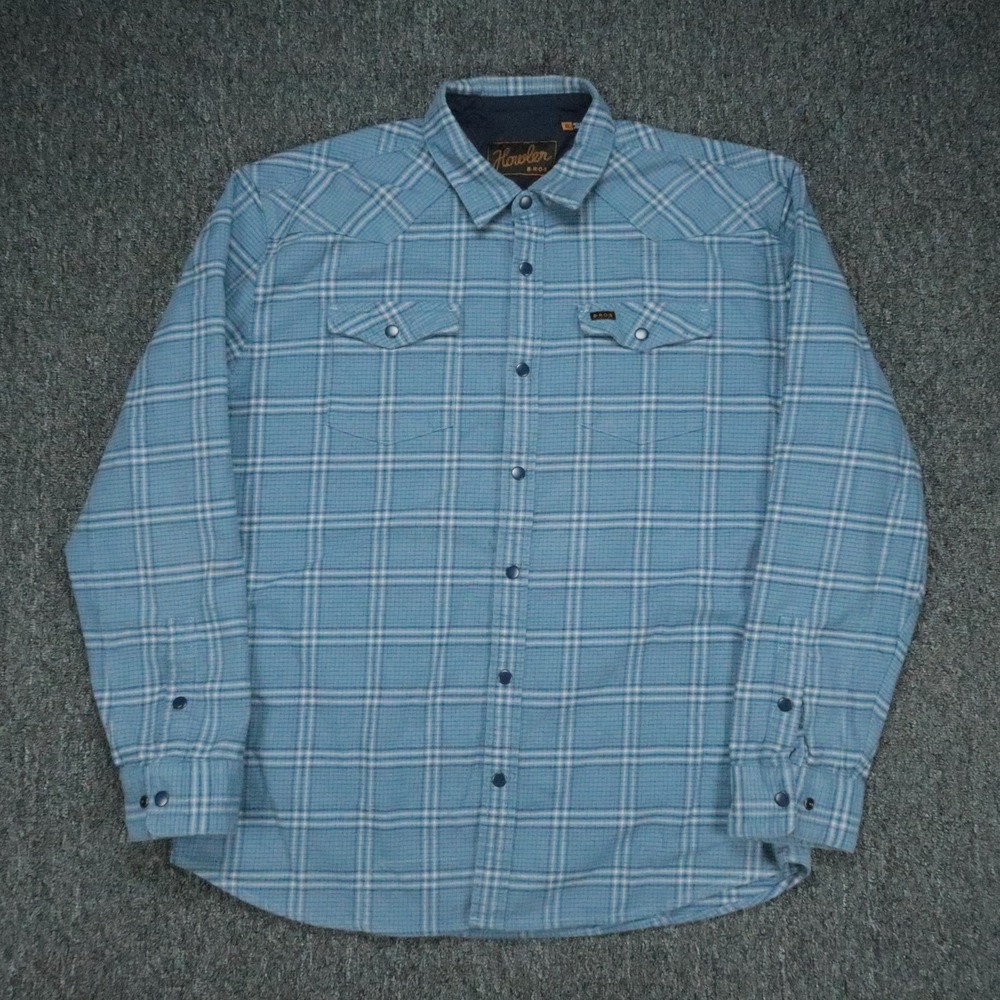 Howler Brothers Shirt Men XL Blue White Plaid Long Sleeve Snap Flannel Overshirt